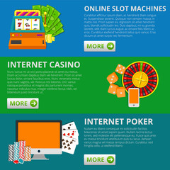 Set of 3 online gambling banners. Slot machines, casino, poker. vector concept illustrations.