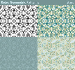 Retro Geometric Patterns, stars. Four different versions of a seamless pattern fill with retro-looking geometric motifs.