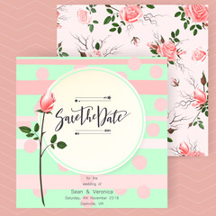 Save the date card, wedding invitation, greeting card with beautiful roses flowers and letters