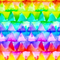 Geometric ornament of rainbow colors triangles on white background. Watercolor seamless pattern - 169676020