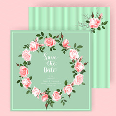 Save the date card, wedding invitation, greeting card with beautiful roses flowers and letters
