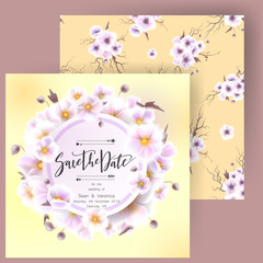 Save the date card, wedding invitation, greeting card with beautiful flowers and letters