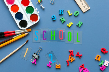 Back to school background with school suplies. 1 september concept