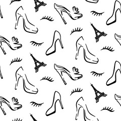 Fashion Seamless pattern background with hand drawn sketch of elegant women shoes and Eiffel Towers