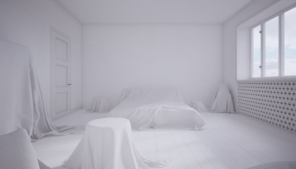 3d rendering of a white bedroom with furniture covered by sheets.