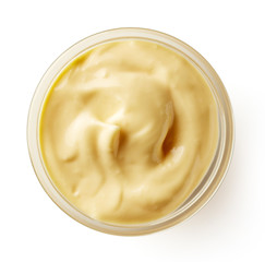 Mayonnaise in glass bowl isolated on white, from above