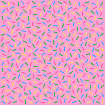 Cute and sweet donut seamless pattern. Pink doughnut icing with colorful sprinkles. Vector pattern or background, graphic print.