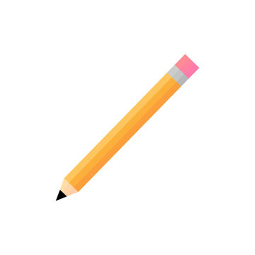 Realistic pencil vector illustration. Pencil graphic isolated on white background. School supplies, yellow pencil with pink rubber flat icon.
