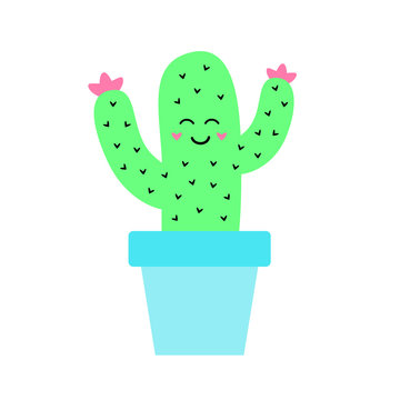 Cute cactus vector illustration drawing, phosphorus green cacti in baby blue flowerpot. Cactus in plant pot graphic print or icon, isolated on white background.