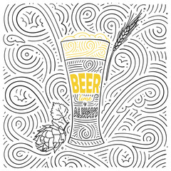 Beer theme card design. The lettering - Beer Time Is Always. Handwritten swirl pattern. Vector illustration.