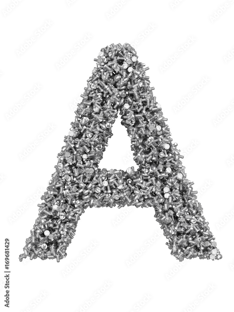 Fototapete 3d render of silver or grey alphabet make from bolts. big letter a with clipping path. isolated on w