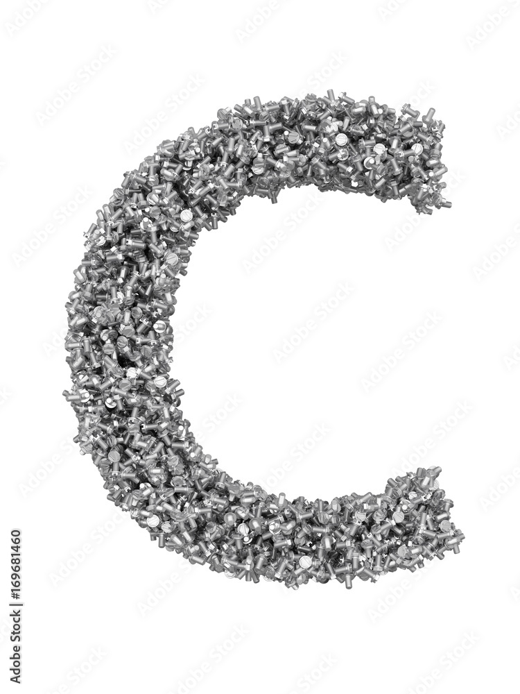 Fototapete 3d render of silver or grey alphabet make from bolts. big letter c with clipping path. isolated on w