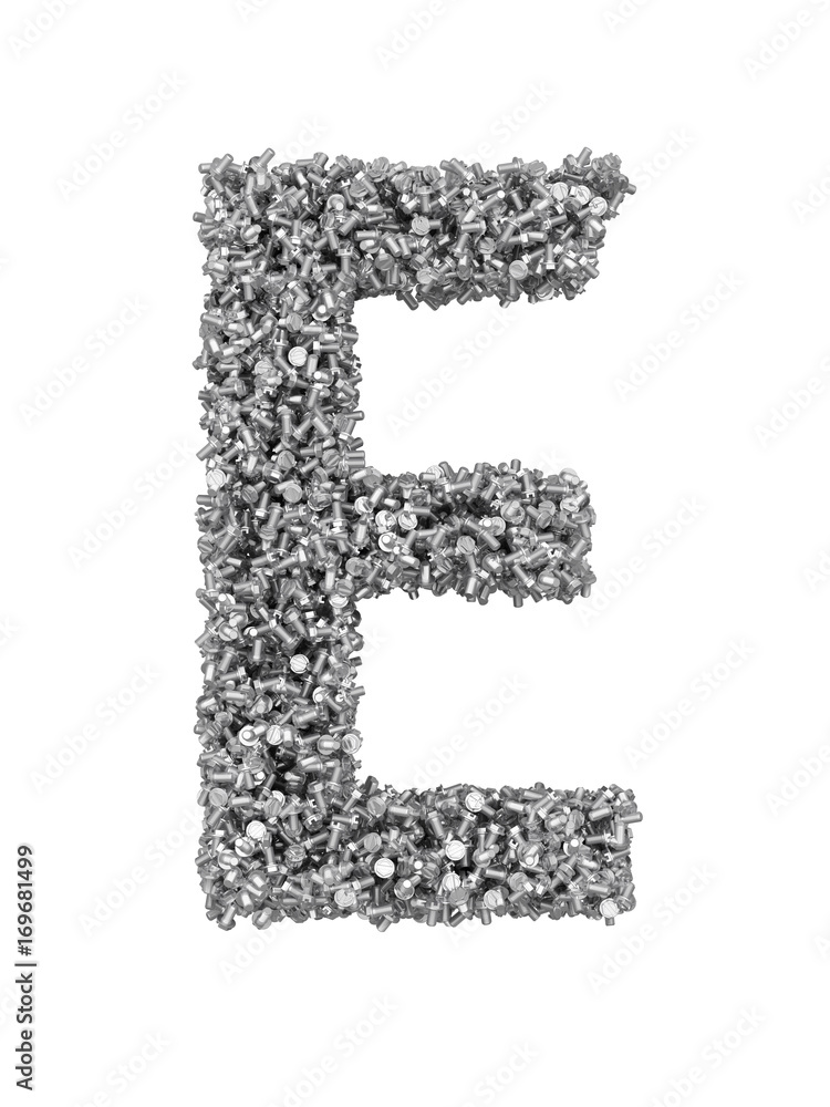 Fototapete 3d render of silver or grey alphabet make from bolts. big letter e with clipping path. isolated on w