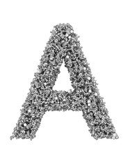 3D render of silver or grey alphabet make from bolts. Big letter A with clipping path. Isolated on white background