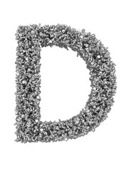 3D render of silver or grey alphabet make from bolts. Big letter D with clipping path. Isolated on white background