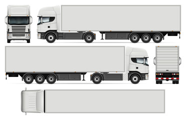 Semi-trailer truck vector mock-up for car branding and advertising. Cargo vehicle set on white. All layers and groups well organized for easy editing and recolor. View from side, front, back, top.