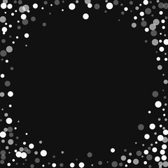 Falling white dots. Corner frame with falling white dots on black background. Vector illustration.