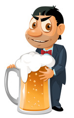 Funny man in suit with a huge mug of beer. He is very fond of beer. Oktoberfest Party or just a weekend. Cartoon styled vector illustration. Isolated on white. No transparent objects.