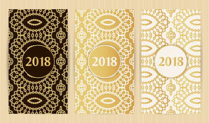 Set of flyers in golden colors. Vector backgrounds for restaurant menu, business card, brochure, book cover, banner, etc.