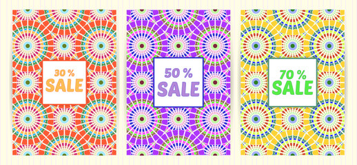 A4 size cards. Mandala round elements. Ethnic colorful background. Japanese, arabic, islamic, eastern, oriental, musli style for restaurant menu, flyer, business card, brochure, book cover, banner.