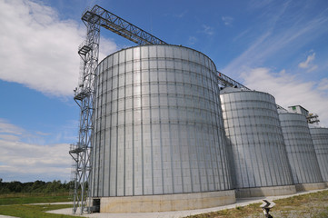 Agricultural Silos.  metal grain facility with silos.