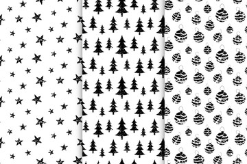 Vector xmas pattern with christmas black trees and stars, toys.