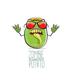 vector funny cartoon cute green zombie potato isolated on white background. Halloween monster vegetable funky character