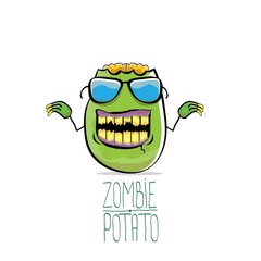 vector funny cartoon cute green zombie potato isolated on white background. Halloween monster vegetable funky character