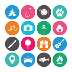 Set of Travel, Hiking and Camping icons.