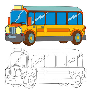 funny looking cartoon yellow bus - isolated coloring page illustration for children