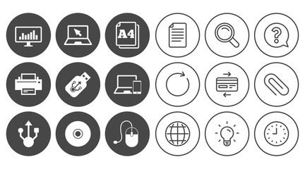 Computer devices icons. Printer, laptop signs.