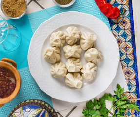 Georgian dumplings Khinkali with meat, greens and tomato spicy sauce Satsebeli on white plate