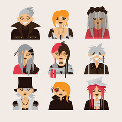 Vector collection with lovely visual kei male characters. Men heads drawn in bright colors, good for icon or avatar.