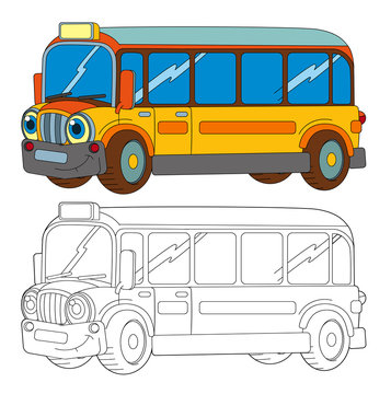 funny looking cartoon yellow smiling bus - isolated coloring page illustration for children