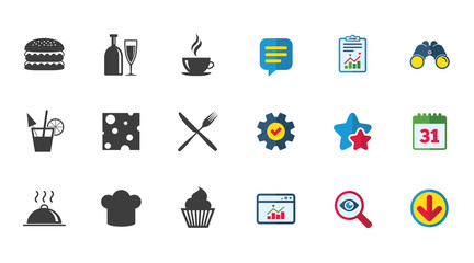 Food, drink icons. Coffee and hamburger signs.