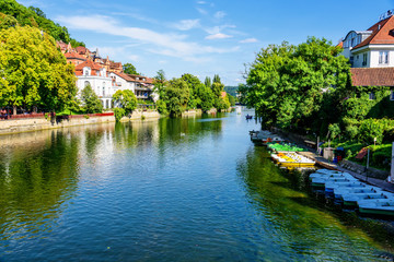 Fototapeta na wymiar Hafen Neckar Fluss Boot Ufer Tübingen