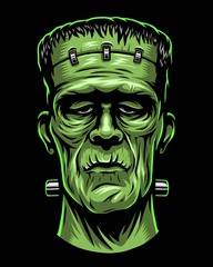 Color illustration of Frankenstein head. Isolated on black background. Halloween theme