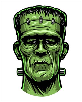 Color illustration of Frankenstein head. Isolated on white background. Halloween theme