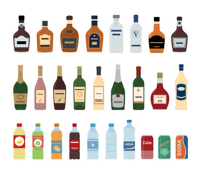 Large set of isolated water and alcohol bottle icon on white background. Vector illustration.
