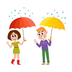 vector people keeping umbrella in rain set. Flat cartoon isolated illustration on a white background. Young boy and girl walking in rain