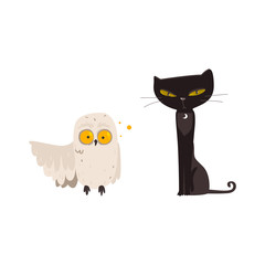 Spooky black cat and crazy looking owl, familiar spirits, animal guides, cartoon vector illustration isolated on white background. Cartoon black cat and white owl, Halloween decoration elements