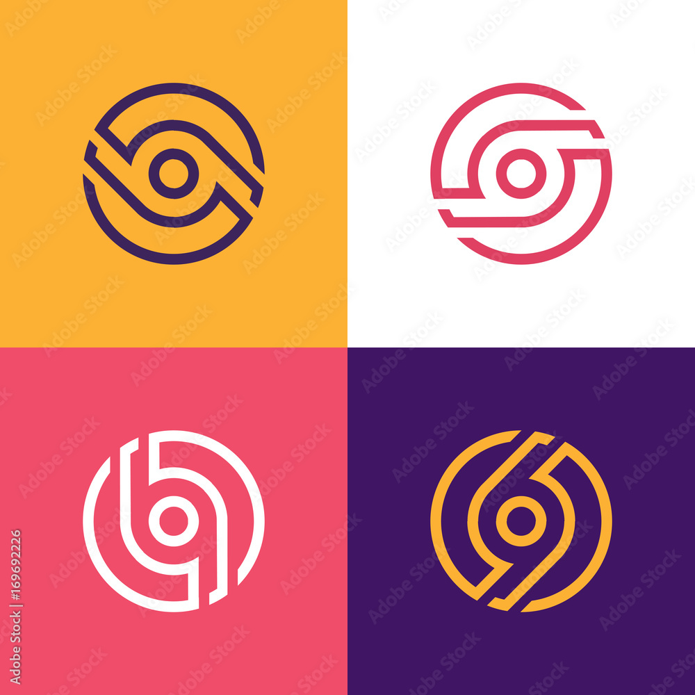 Poster set of circle linear icon logo signs. simple company logotypes.