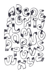 Large raster hand drawn grey and black alphabet. Abc letters sequence from A to Z drawn with ink and inner shadow. Isolated on white font in graphic style.