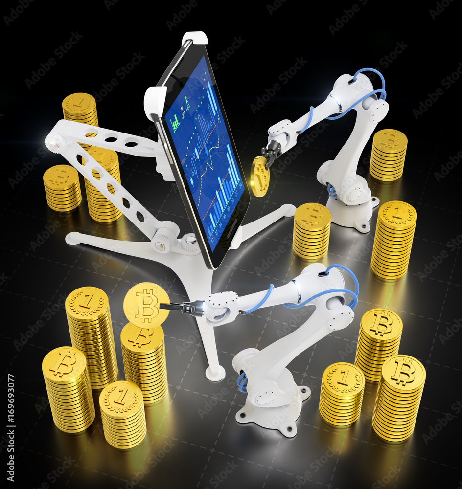 Poster automated mining of crypto-currency. illustration / 3d rendering graphic composition on the subject 