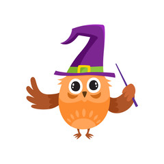 vector flat cartoon funny purple owl dancing in big blue witch, wizard pointed hat with magic stick in hand. Isolated illustration on a white background. Fancy Halloween outfit for an animal concept