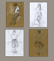 Set of scetches of young people in different poses. Hand drawn.
