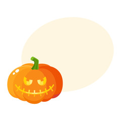 Laughing, grinning pumpkin jack-o-lantern with vampire teeth, Halloween symbol, cartoon vector illustration with space for text. Pumpkin lantern with grinning face, Halloween decoration
