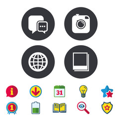 Social media icons. Chat speech bubble and Globe.