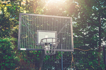 steel basketball basket with trees in the background and warm sunlight