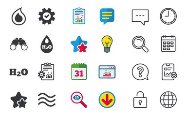 H2O Water drop icons. Tear or Oil symbols.